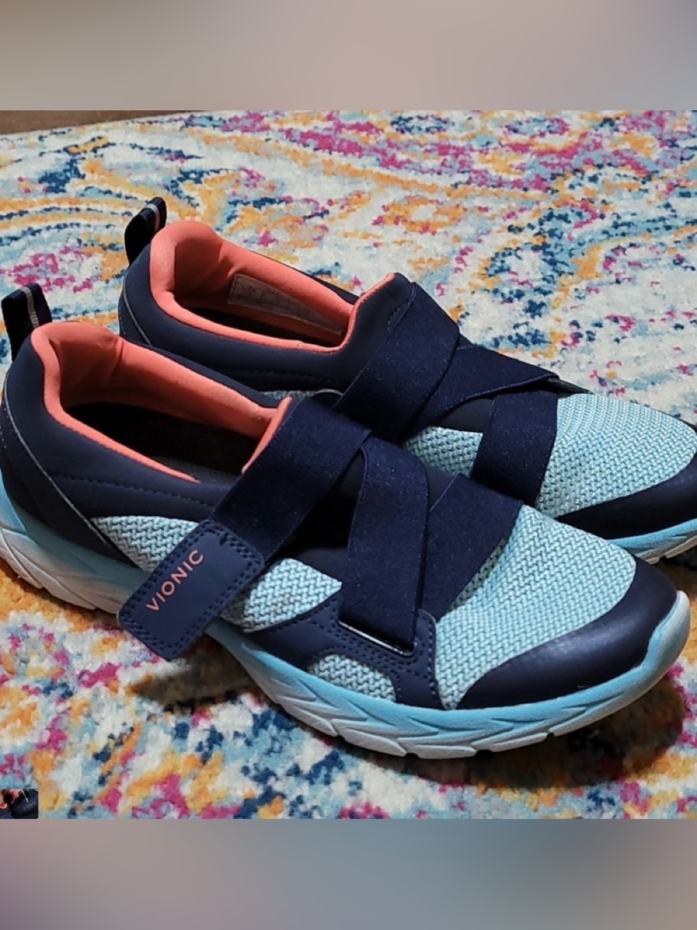Vionic Aqua Knit Slip-On Sneakers with Navy Straps and Coral Lining